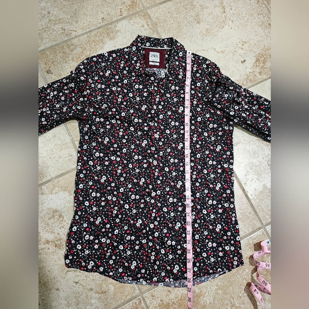 Zara Mens Large Slim Fit Shirt Black Floral Button Up Y2K Indie Retro - Picture 6 of 6